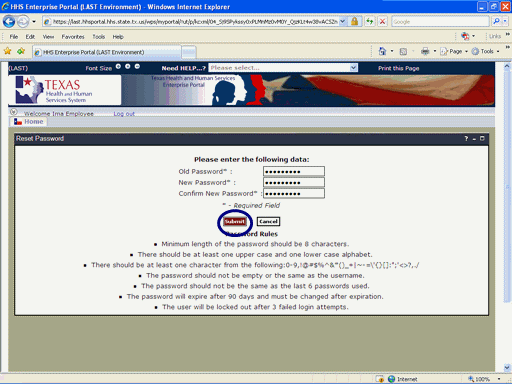 Screen shot of Password Change Page